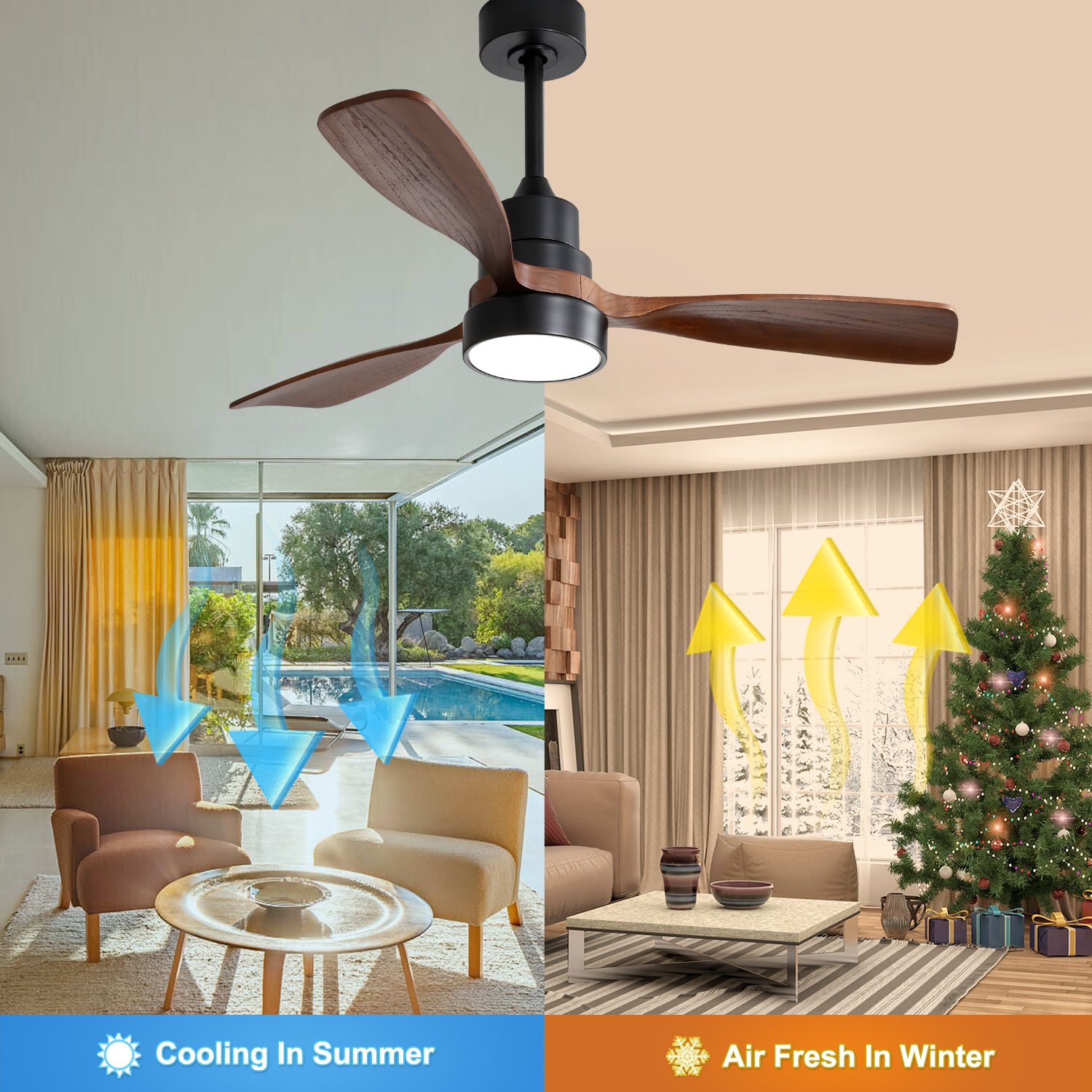 48 Inch Wood Ceiling Fan With 3 Solid Wood Blades Remote