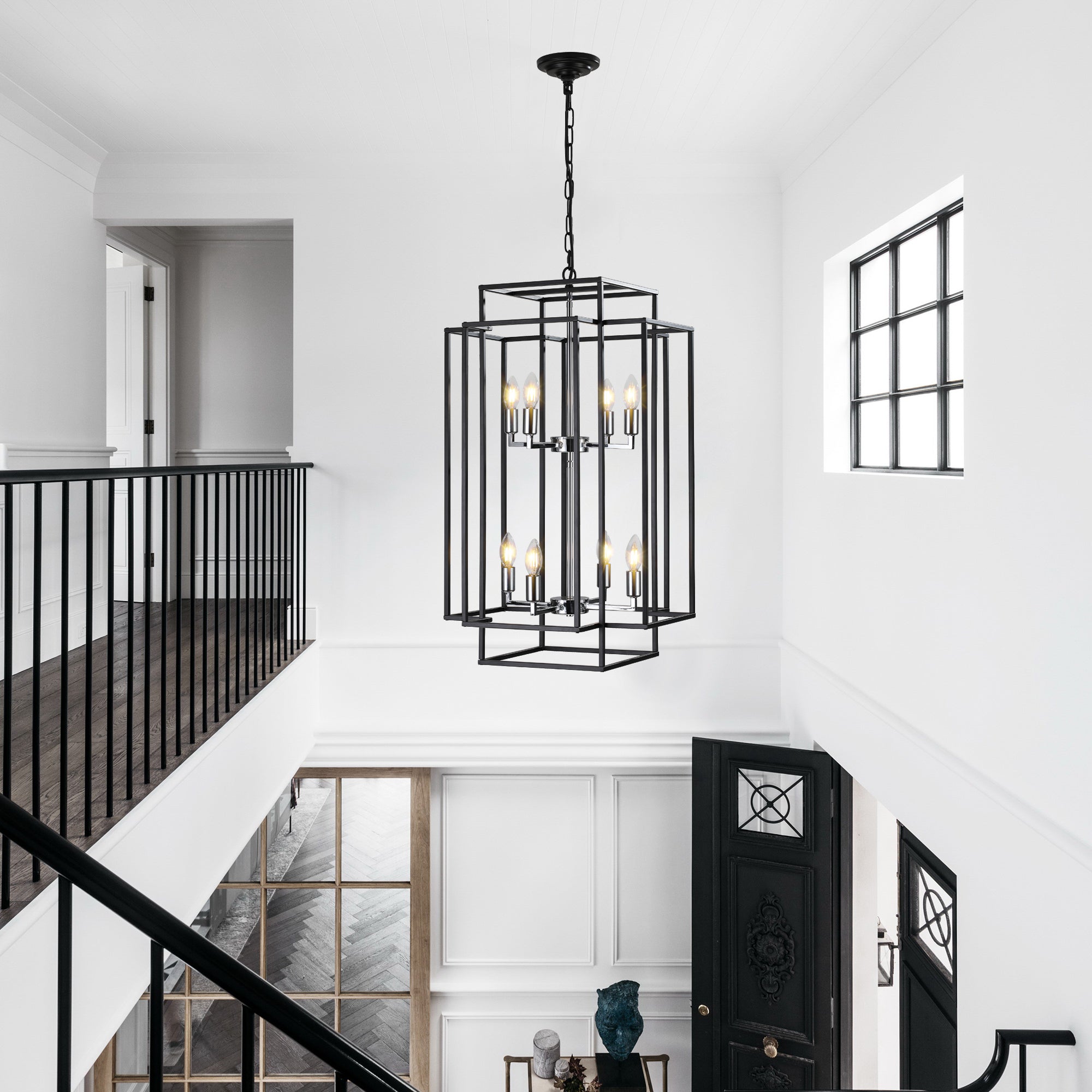 18" Modern 8-Light Black & Chrome Geometric Chandelier