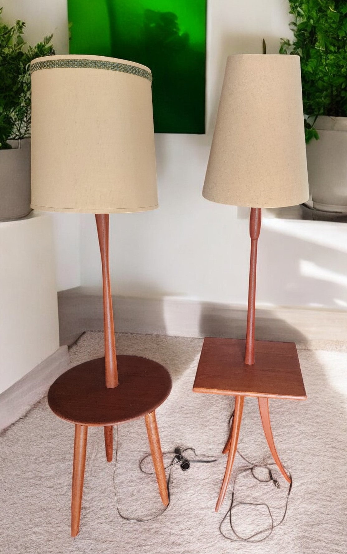 Mid Century Modern Teak Wood Floor Lamp with Built-in Tripod Table, RESTORED