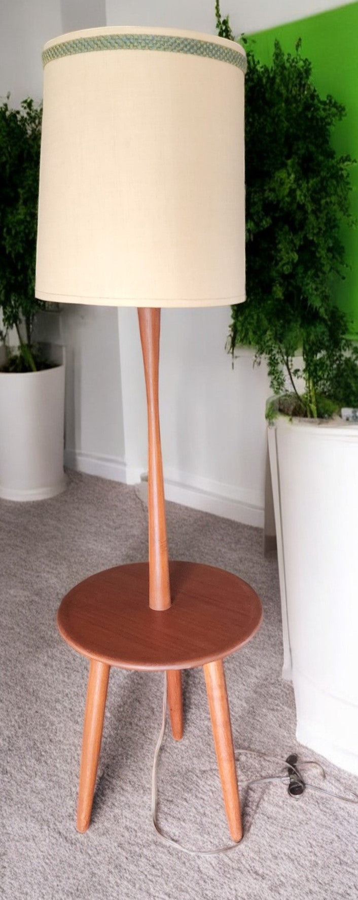 Mid Century Modern Teak Wood Floor Lamp with Built-in Tripod Table, RESTORED