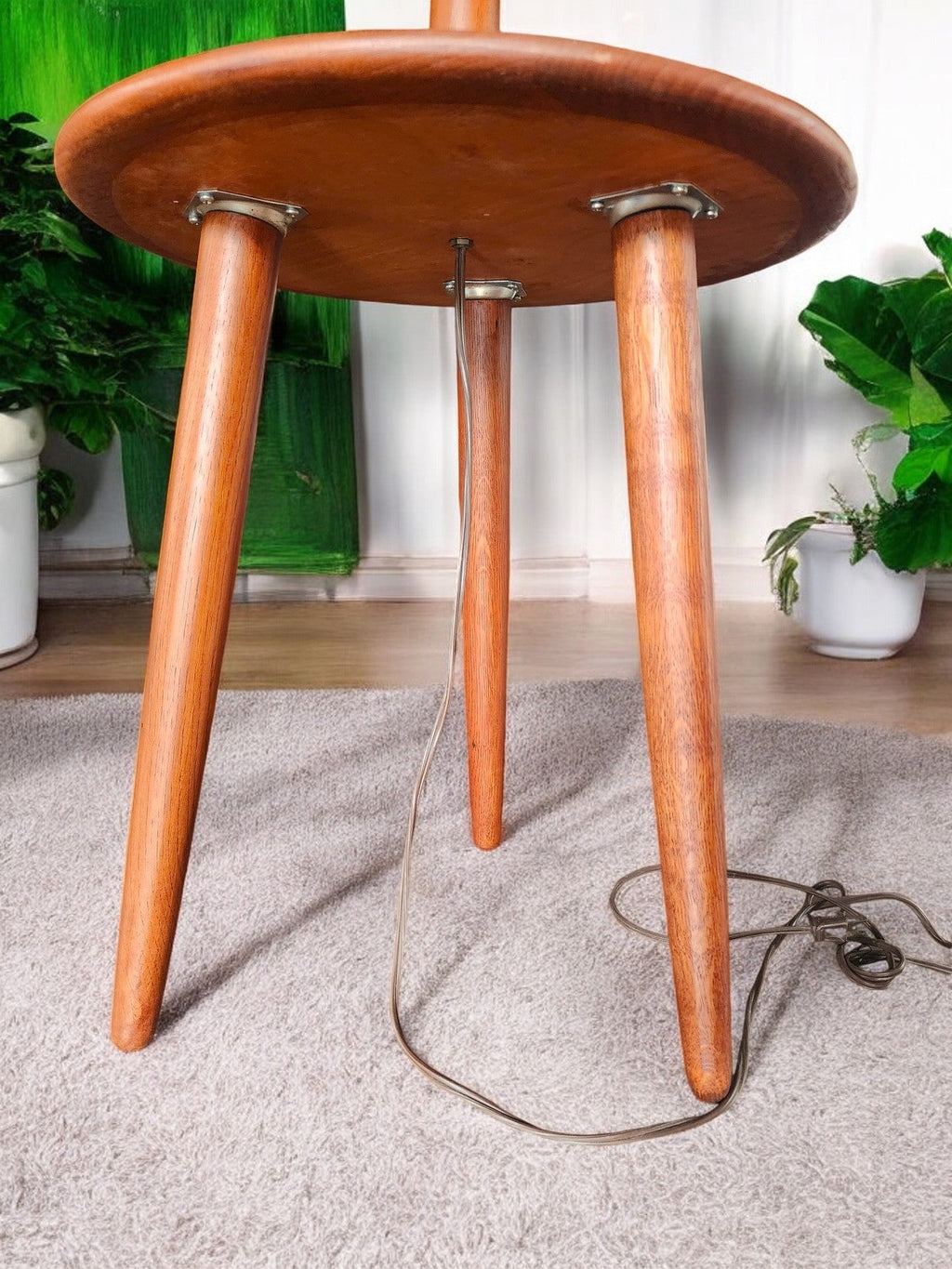 Mid Century Modern Teak Wood Floor Lamp with Built-in Tripod Table, RESTORED