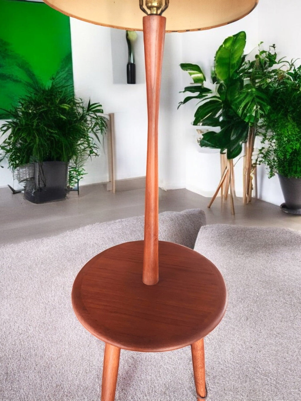 Mid Century Modern Teak Wood Floor Lamp with Built-in Tripod Table, RESTORED