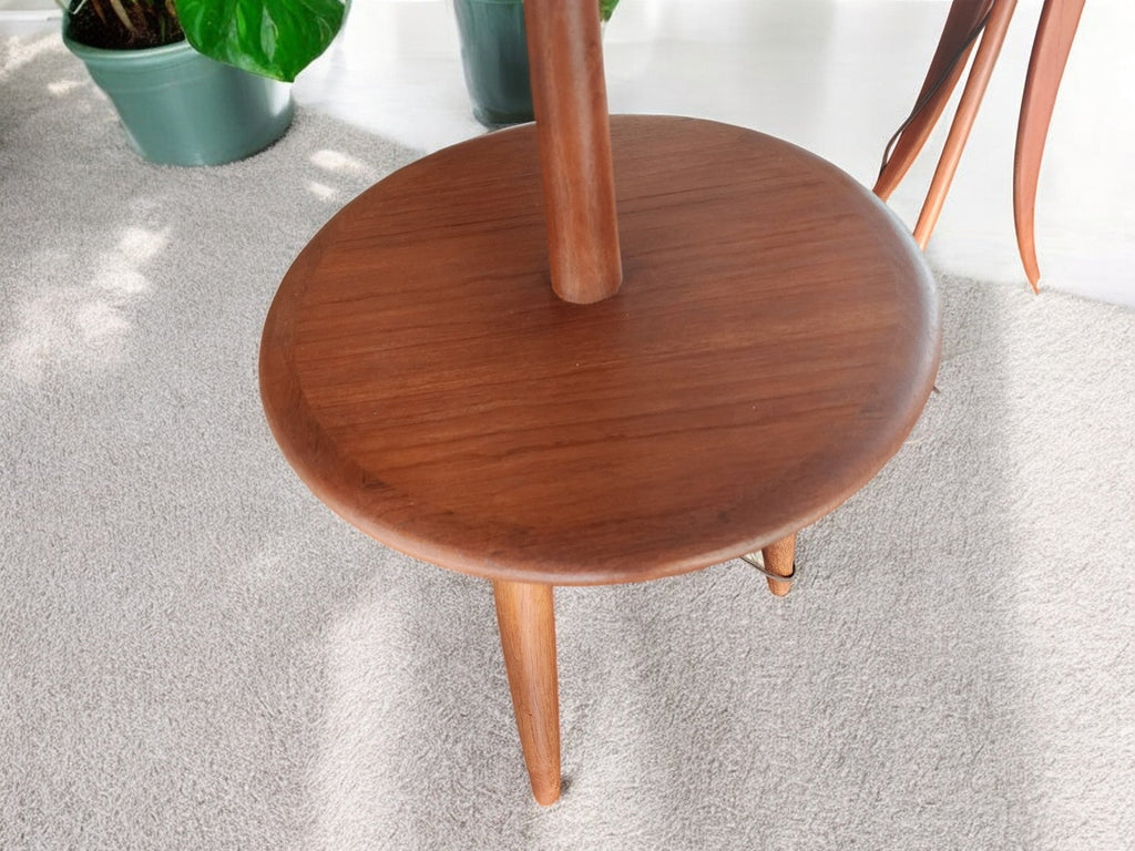 Mid Century Modern Teak Wood Floor Lamp with Built-in Tripod Table, RESTORED