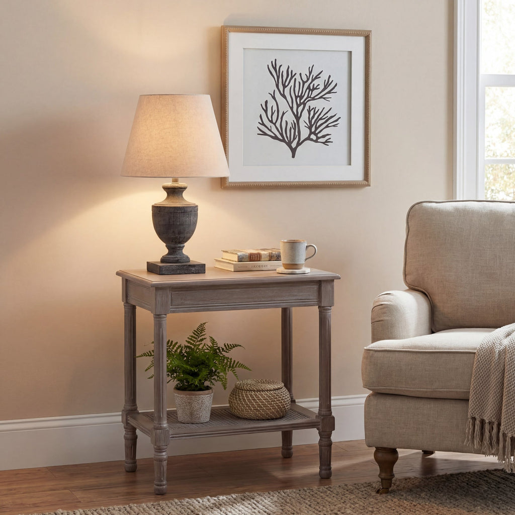 Brown Wood Table Lamp 51cm — Living Room Table Lamp, Fabric Shade, Incia Urn