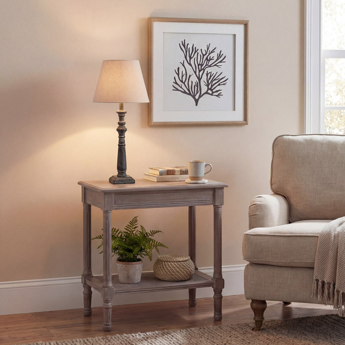 Brown Wood Table Lamp 50cm — Bedside Table Lamp, Fabric Shade, Incia Column