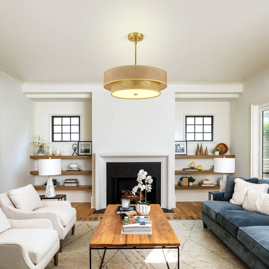 17.7 Inch Woven Rattan Linen Semi Flush Mount Chandelier