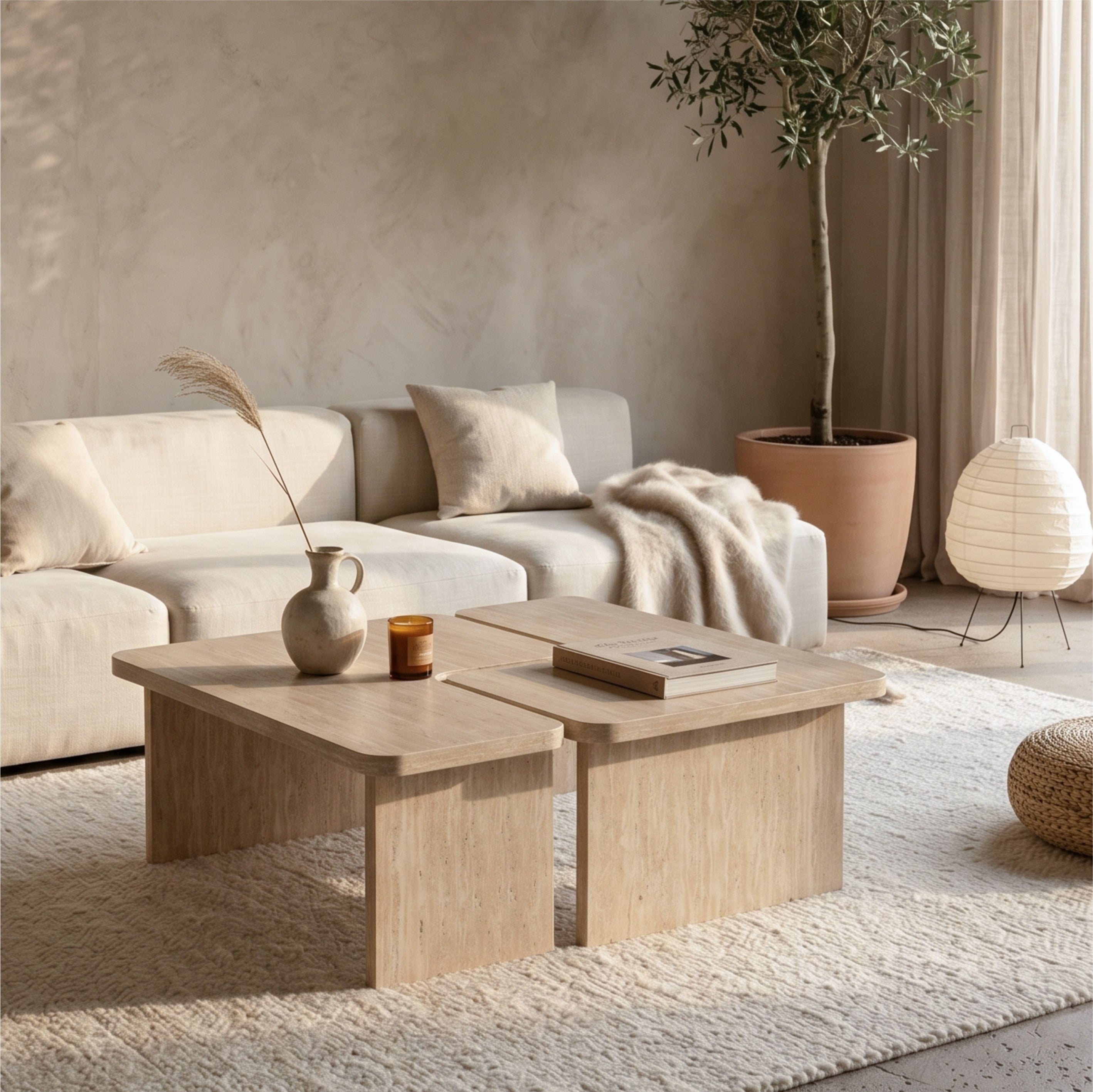 Travertine-Look Nesting Coffee Table Set of 2, L-Shaped, Cream