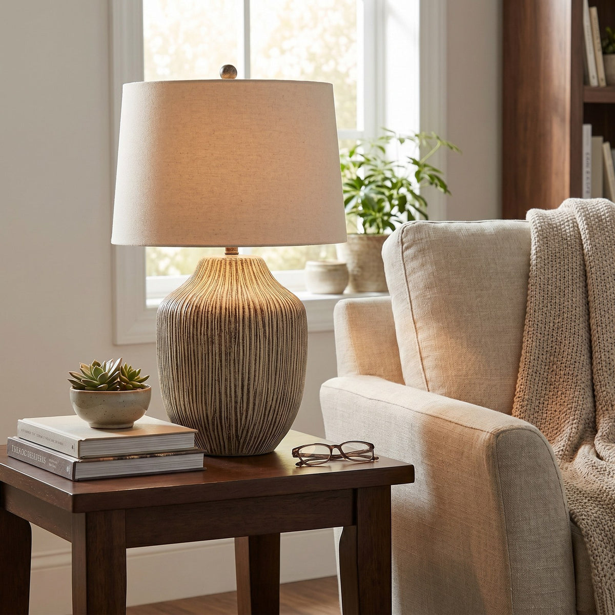 Ochre Carved Textured Table Lamp With Linen Shade — table lamp