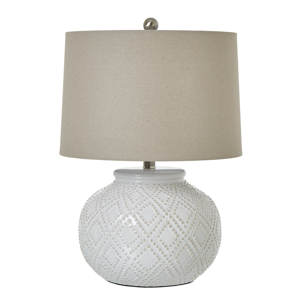 White Ceramic Table Lamp 56cm — Living Room Table Lamp, Linen Shade, Beaded