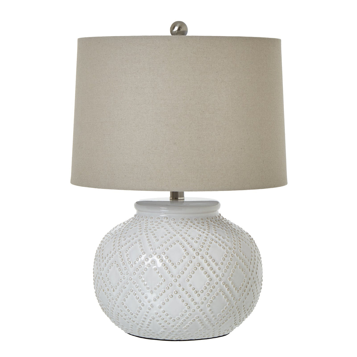 White Ceramic Table Lamp 56cm — Living Room Table Lamp, Linen Shade, Beaded