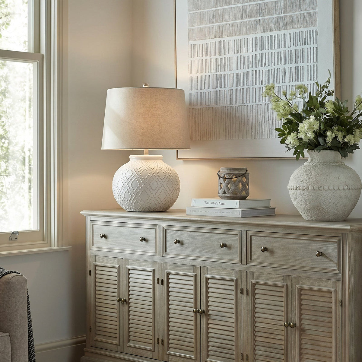 White Ceramic Table Lamp 56cm — Living Room Table Lamp, Linen Shade, Beaded