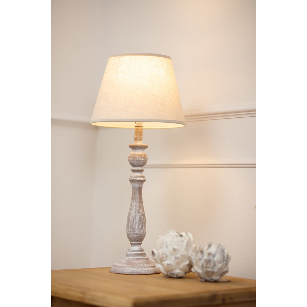 Small White Wood Table Lamp 44cm — Bedside Table Lamp, Linen Shade, Dunum Column