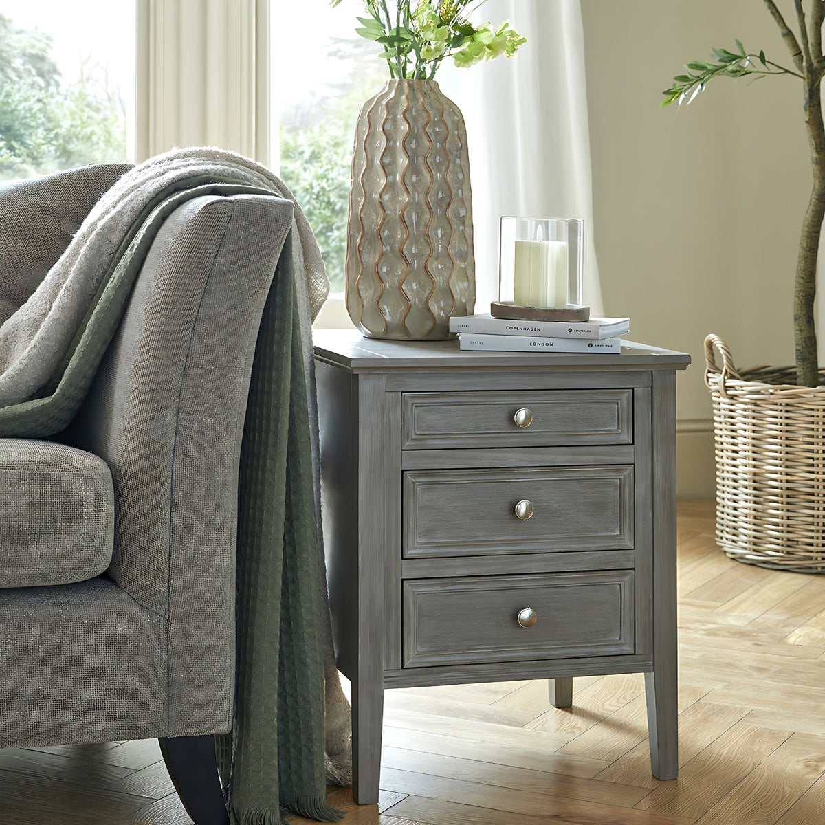Grey Bedside Table — 3 Drawer Bedside Nightstand, Wood