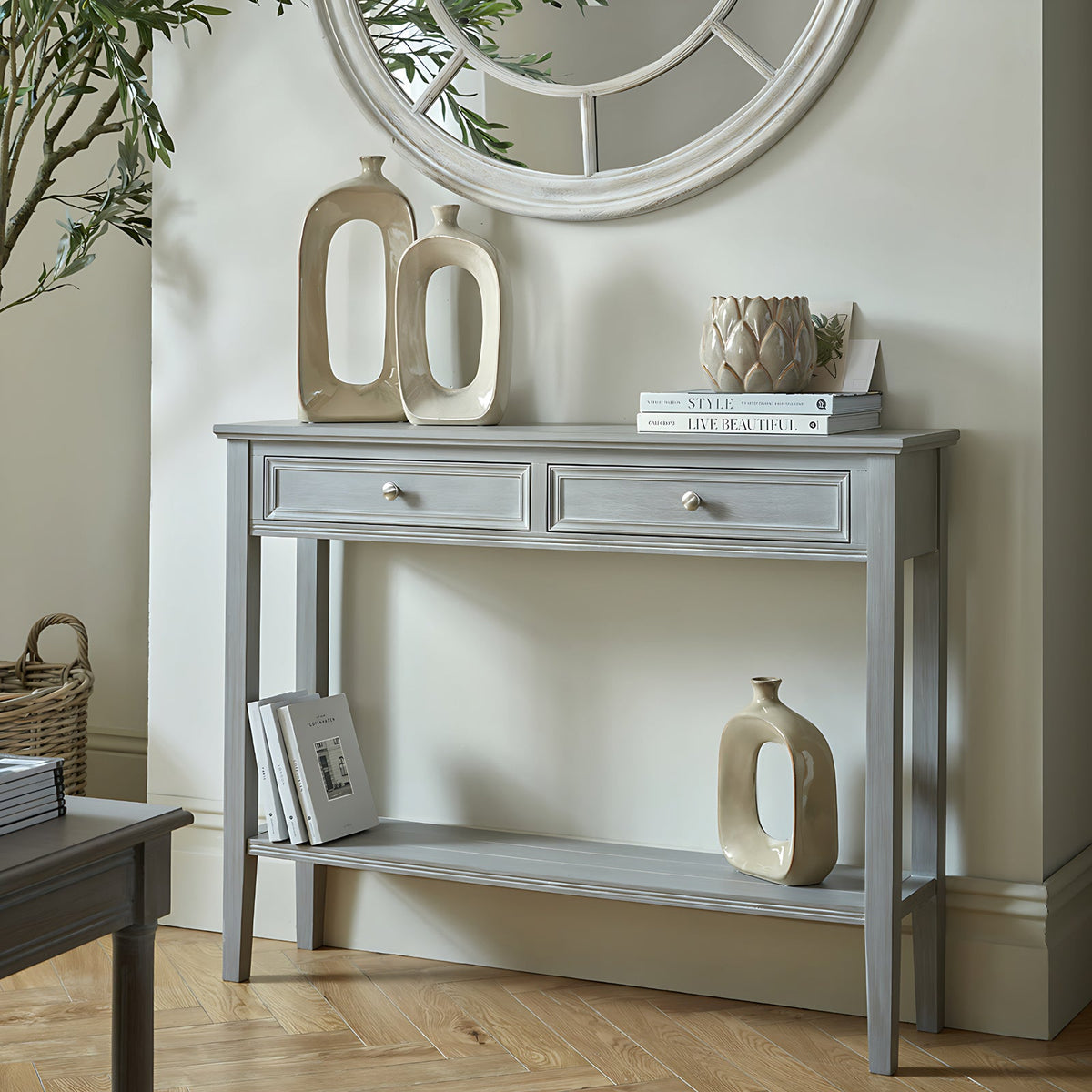 Grey Serene Console Table — 2 Drawer Hallway Table, Wood