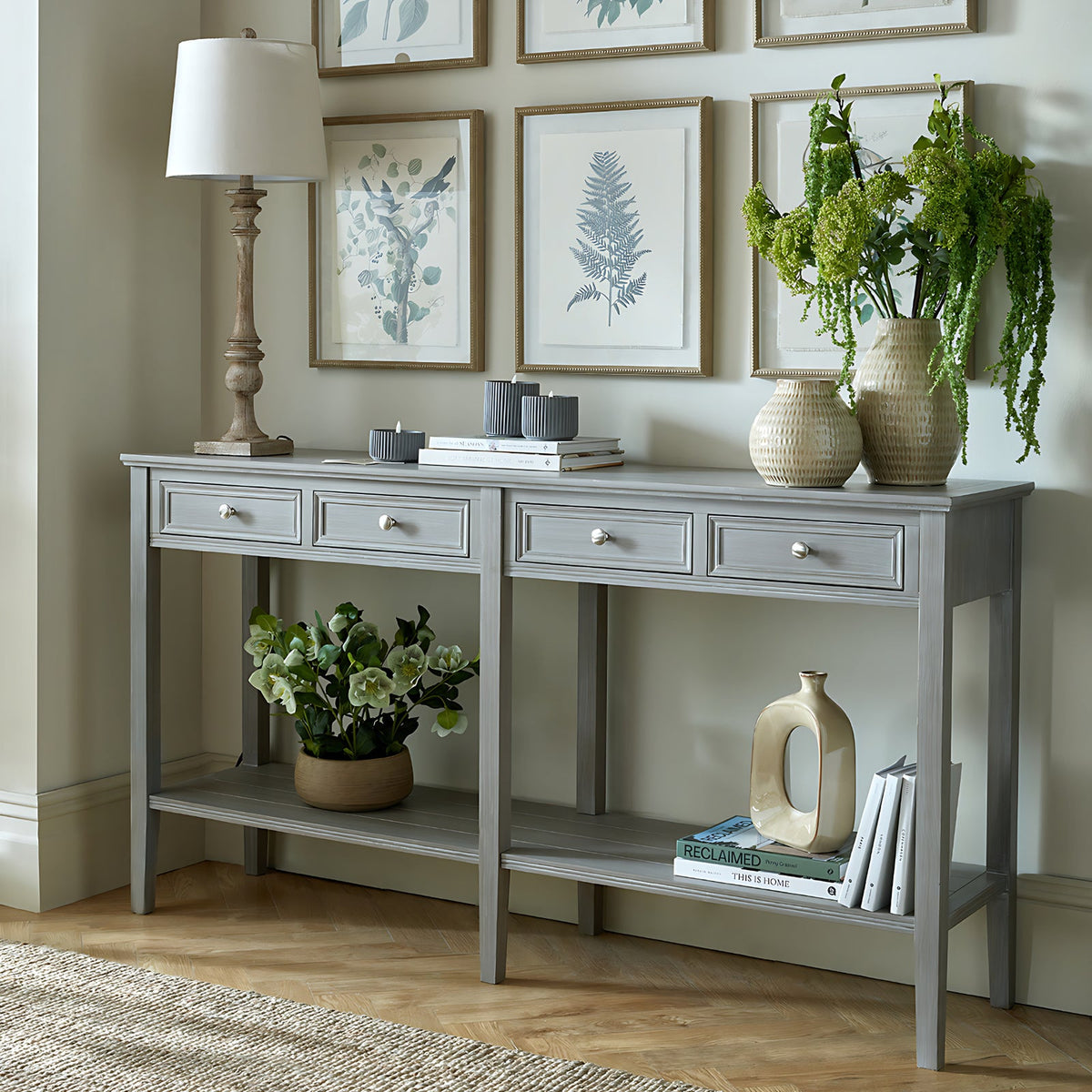 Narrow Grey Console Table 160cm — 4 Drawer Hallway Table, Wood