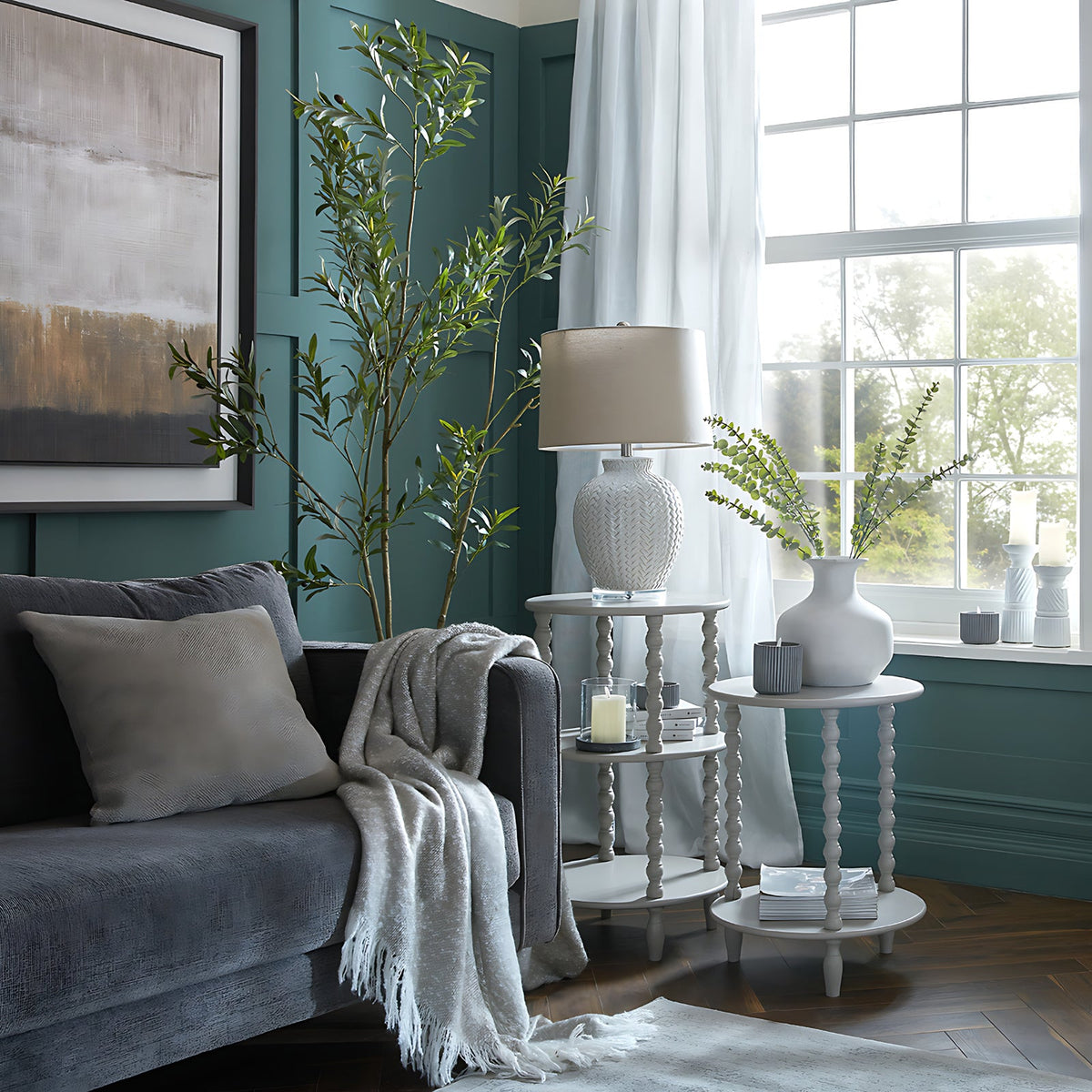 Grey Round Side Table — Living Room Side Table, Tall, Wood