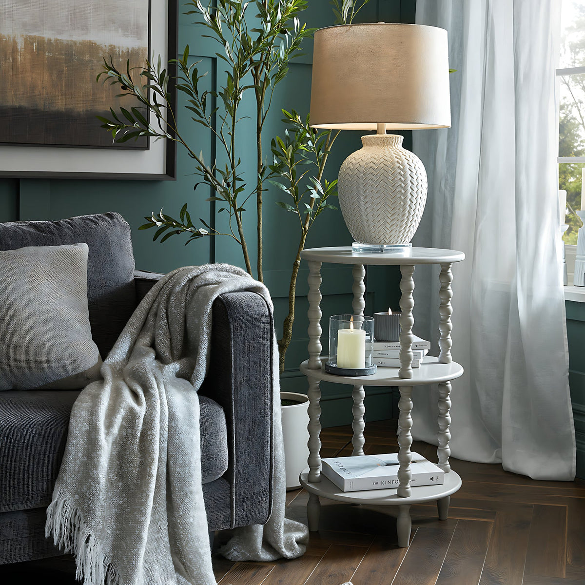 Grey Round Side Table — Living Room Side Table, Tall, Wood