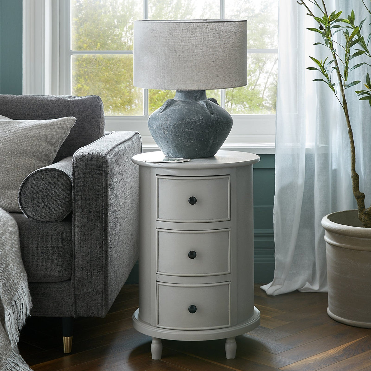 Grey Round Side Table — 3 Drawer Living Room Side Table, Wood