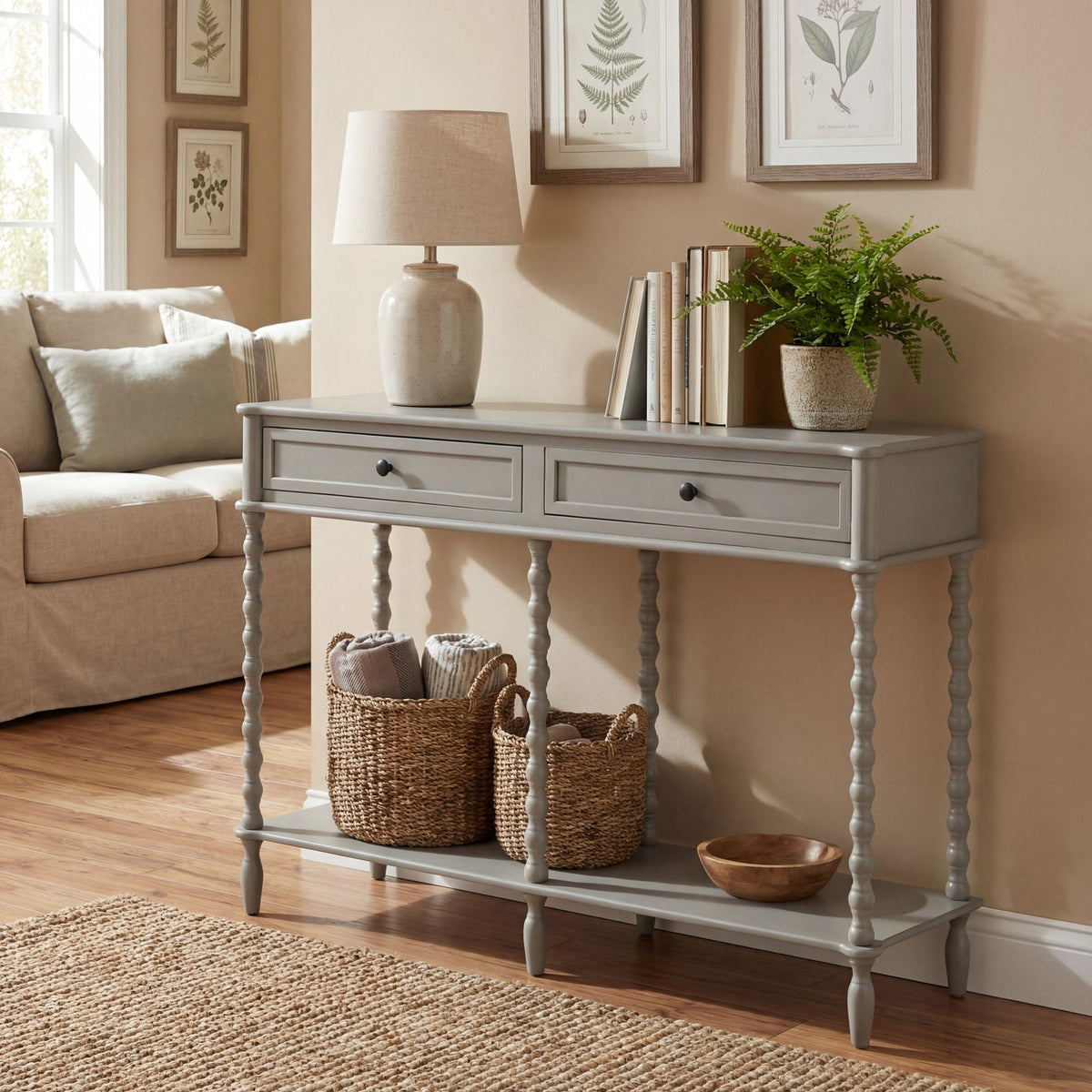 Narrow Grey Console Table 120cm — 2 Drawer Hallway Table, Wood