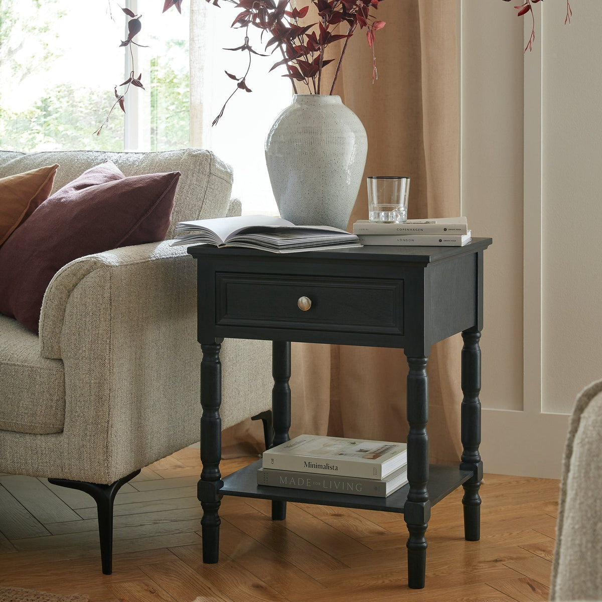 Black Side Table — 1 Drawer Living Room Side Table, Wood