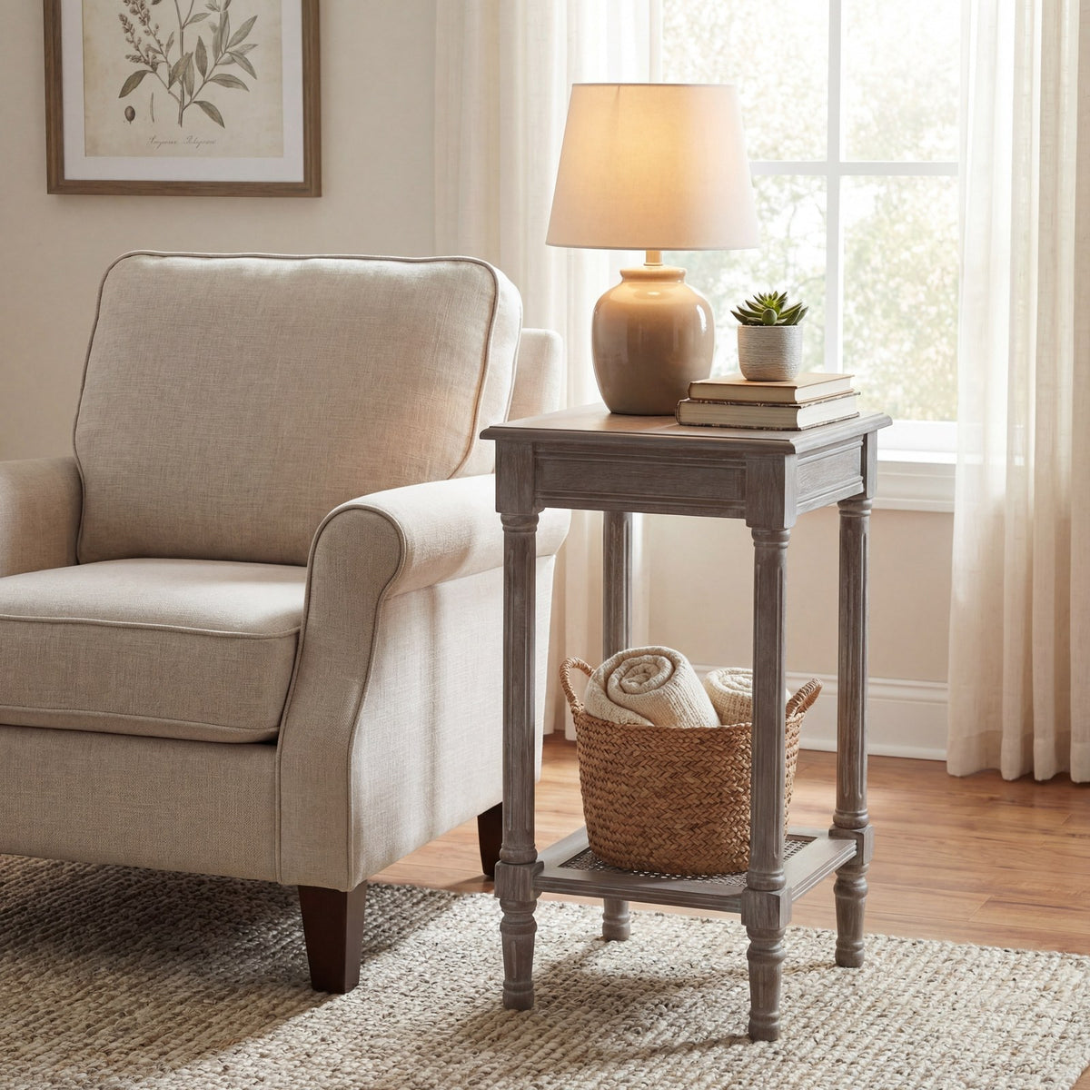 Small Grey Side Table 72cm — Living Room Side Table, Rattan, Wood