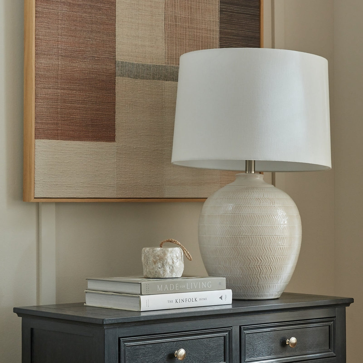 White Ceramic Table Lamp 63cm — Living Room Table Lamp, Chevronne
