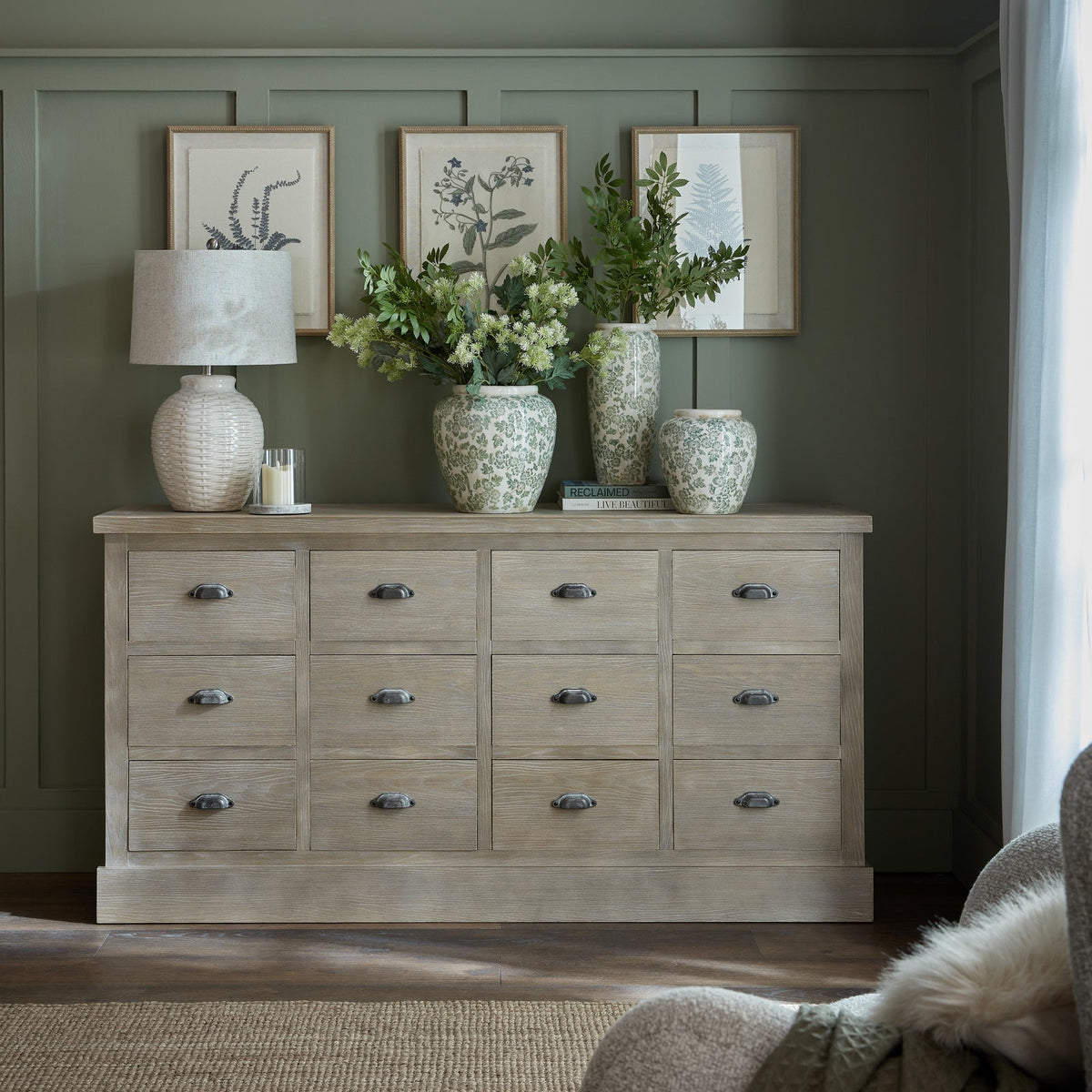 Large 12 Drawer Apothecary Chest 170cm - Shallow 40cm Depth, Whitewashed | Haldon