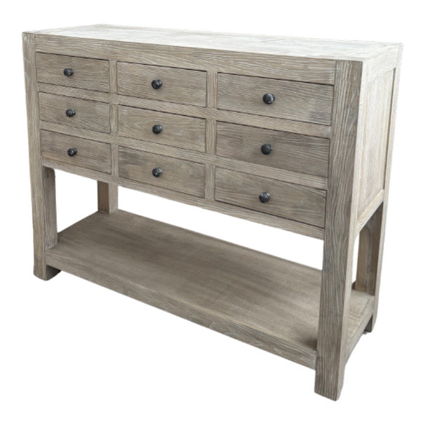 9 Drawer Chest of Drawers with Shelf 110cm - Shallow 40cm, Whitewashed | Haldon
