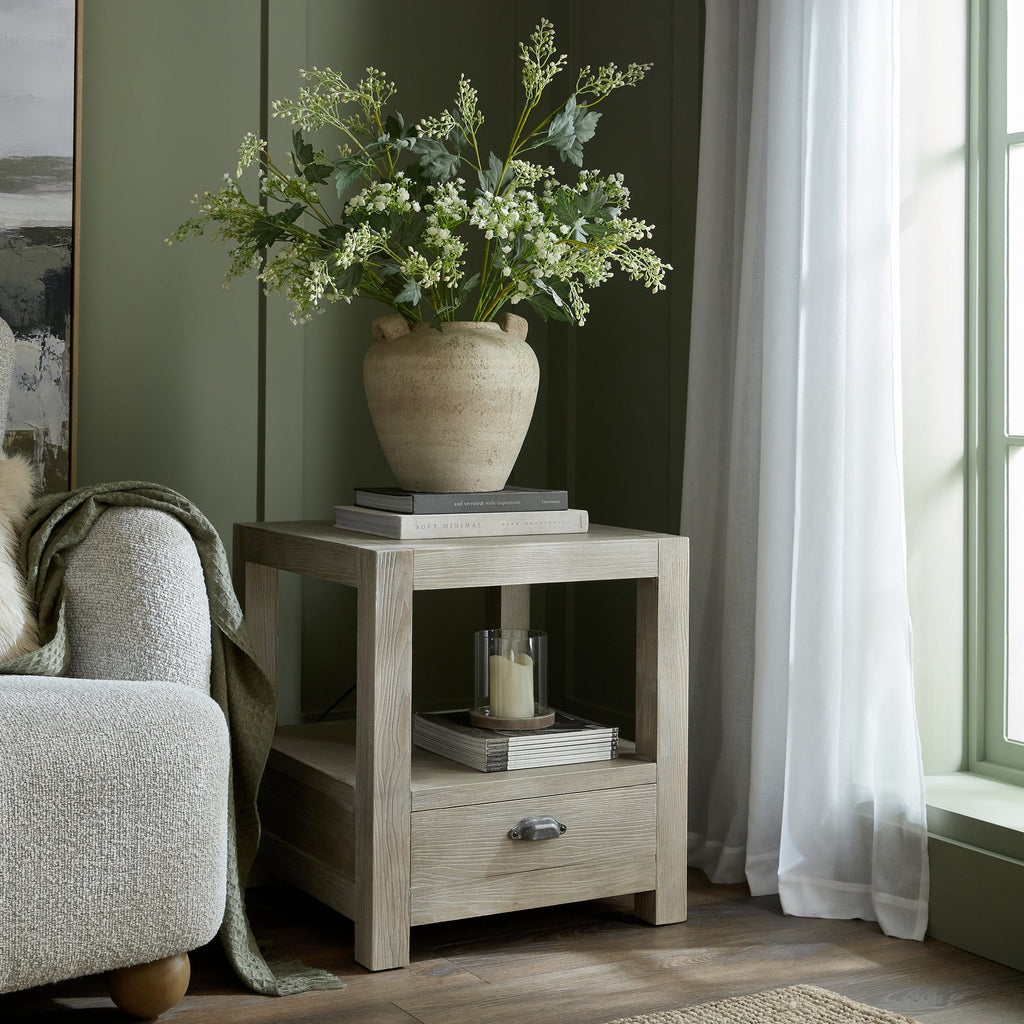 Whitewashed Side Table 50cm — 1 Drawer Living Room Side Table, Lamp Table with Shelf, Wood, 60cm Tall