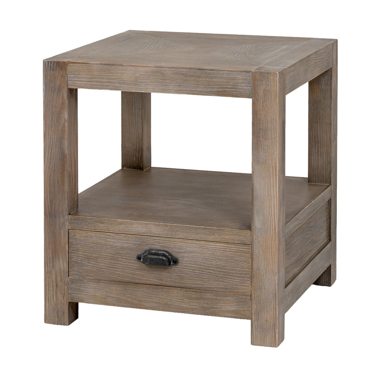 Whitewashed Side Table 50cm — 1 Drawer Living Room Side Table, Lamp Table with Shelf, Wood, 60cm Tall