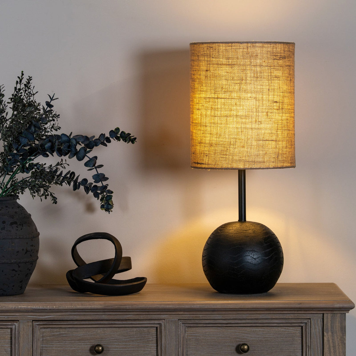 Cannon Table Lamp with Hessian Shade, Black