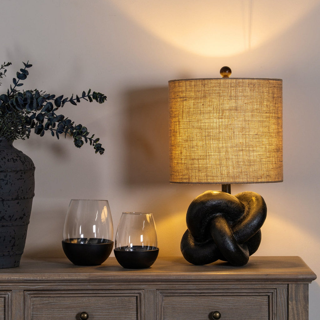 Black Metal Table Lamp 51cm — Living Room Table Lamp, Hessian Shade, Knot