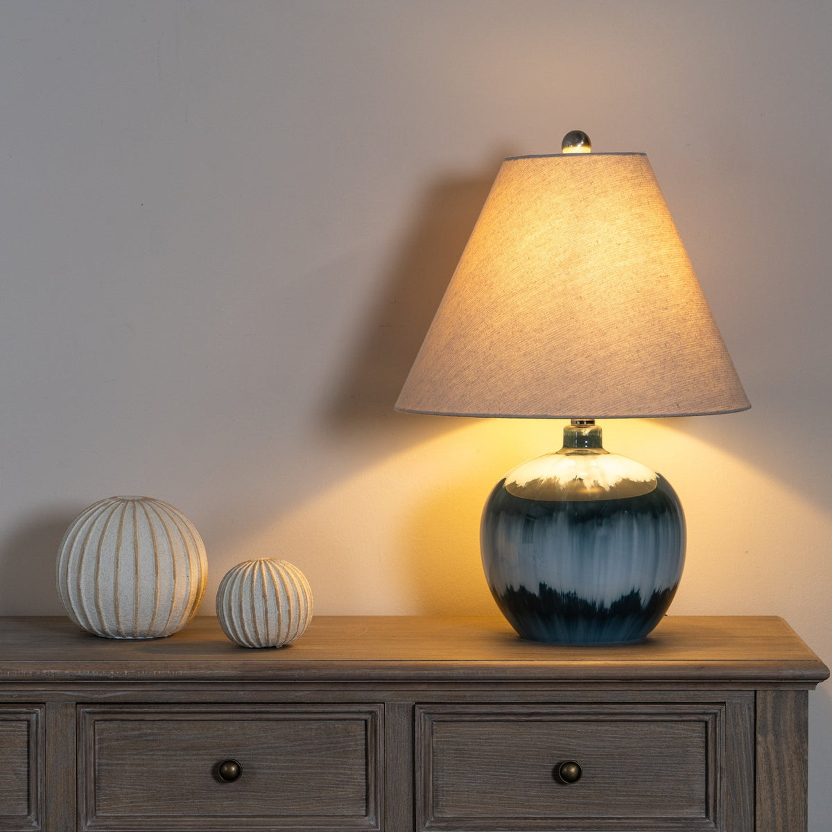 Blue Glass Table Lamp 55cm — Living Room Table Lamp, Linen Shade, Ocean Shadows