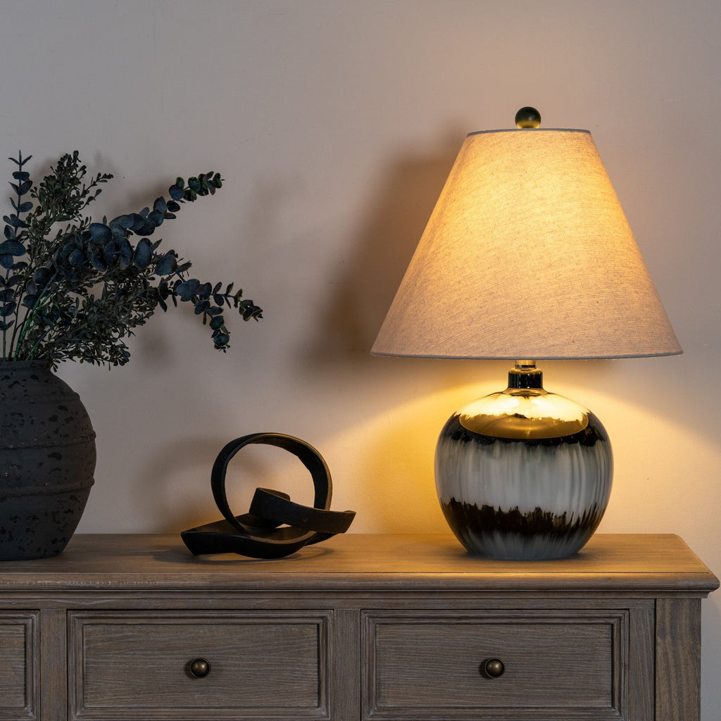 Black Glass Table Lamp 54cm — Living Room Table Lamp, Linen Shade, Midnight Shadows