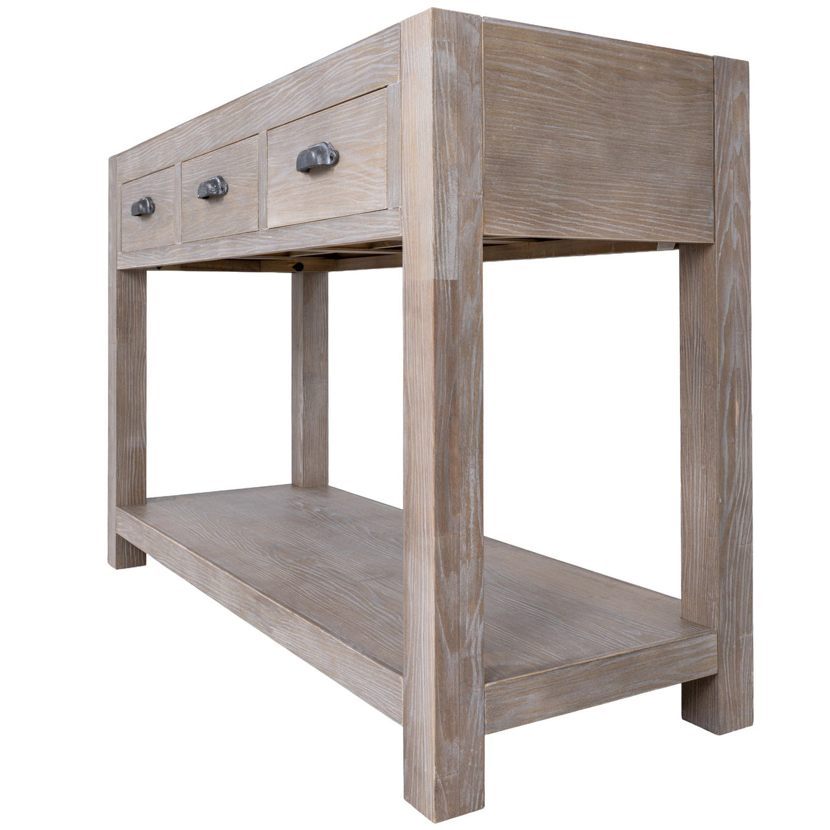 Whitewashed Console Table 120cm — 3 Drawer Hallway Table, Tall, Wood