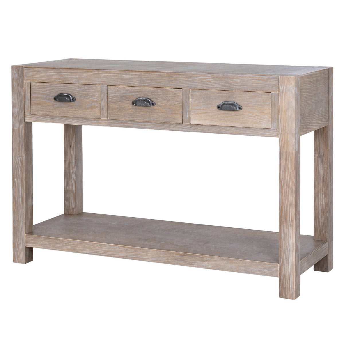 Whitewashed Console Table 120cm — 3 Drawer Hallway Table, Tall, Wood