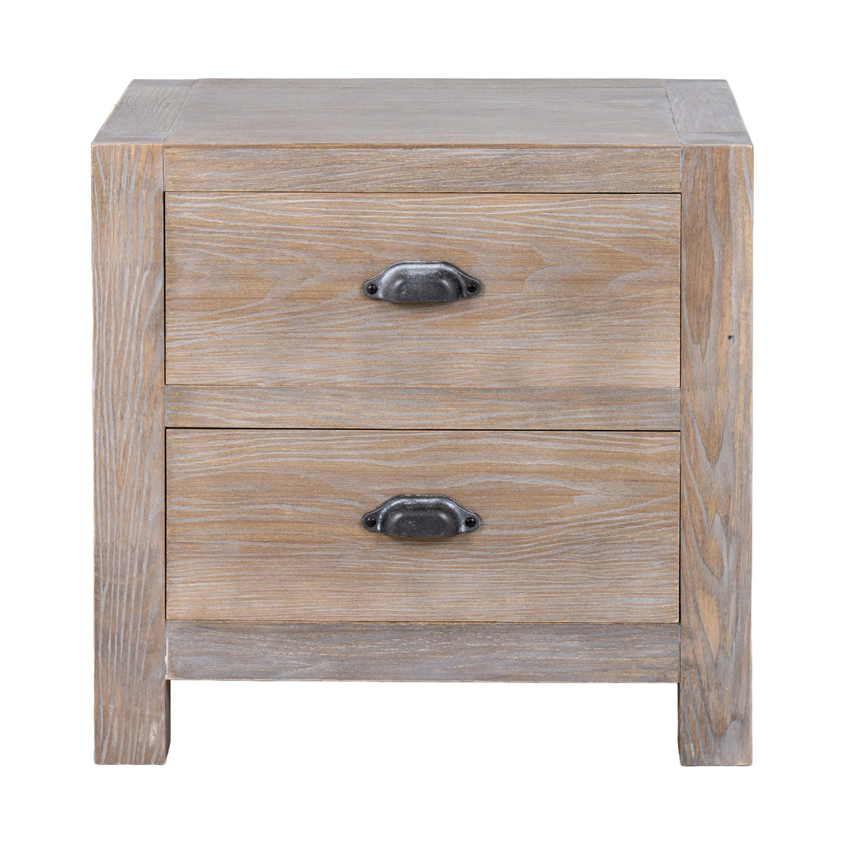 Whitewashed Bedside Table 55cm — 2 Drawer Bedside Nightstand, Wood, 53cm Tall