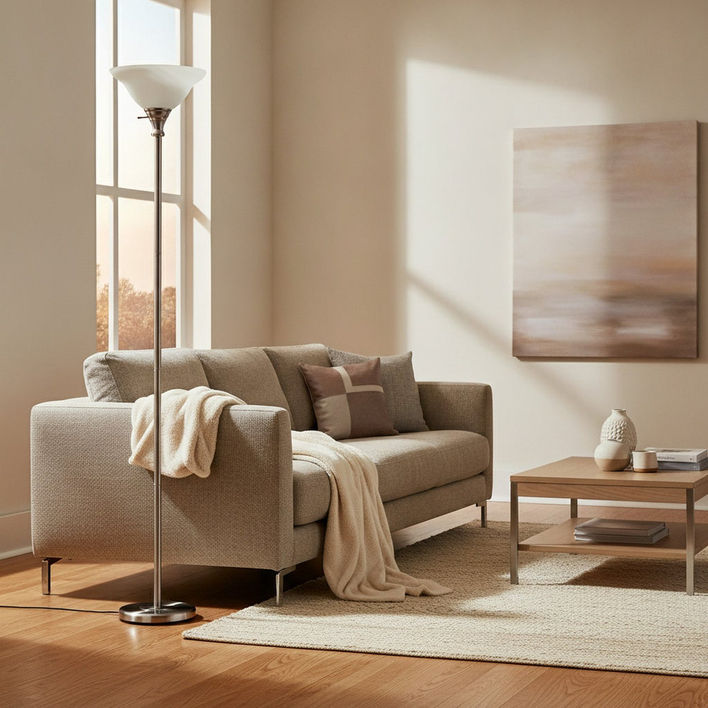 71" Nickel Torchiere Floor Lamp With Clear Frosted Glass Dome Shade - L1