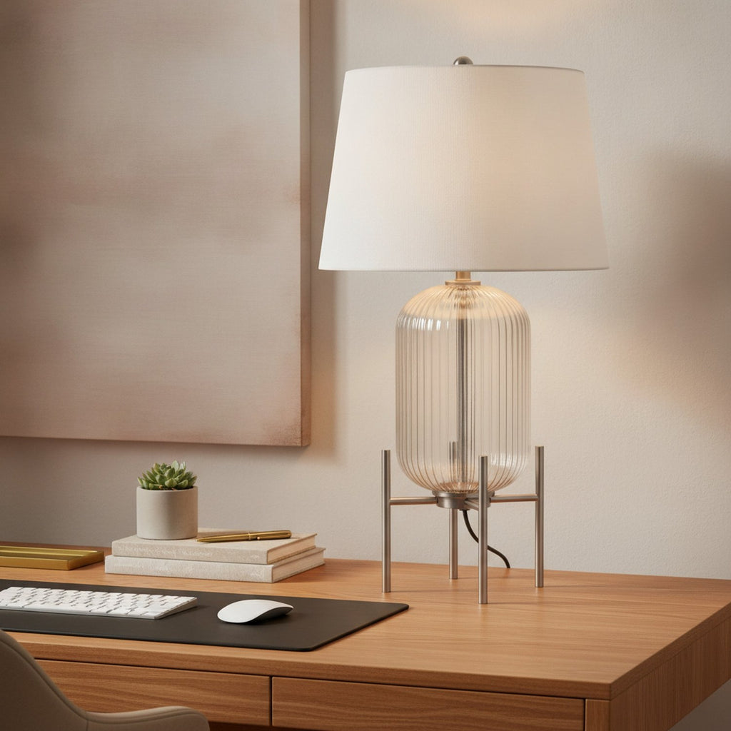 33" Nickel Glass Round Table Lamp With White Empire Shade - L3