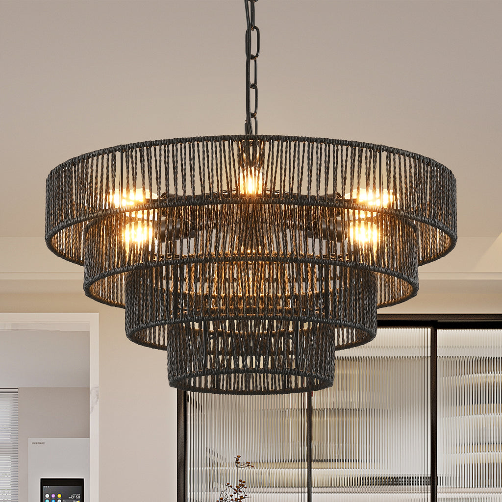 20" Rustic 4-Tier Black Hemp Rope Pendant Light Chandelier