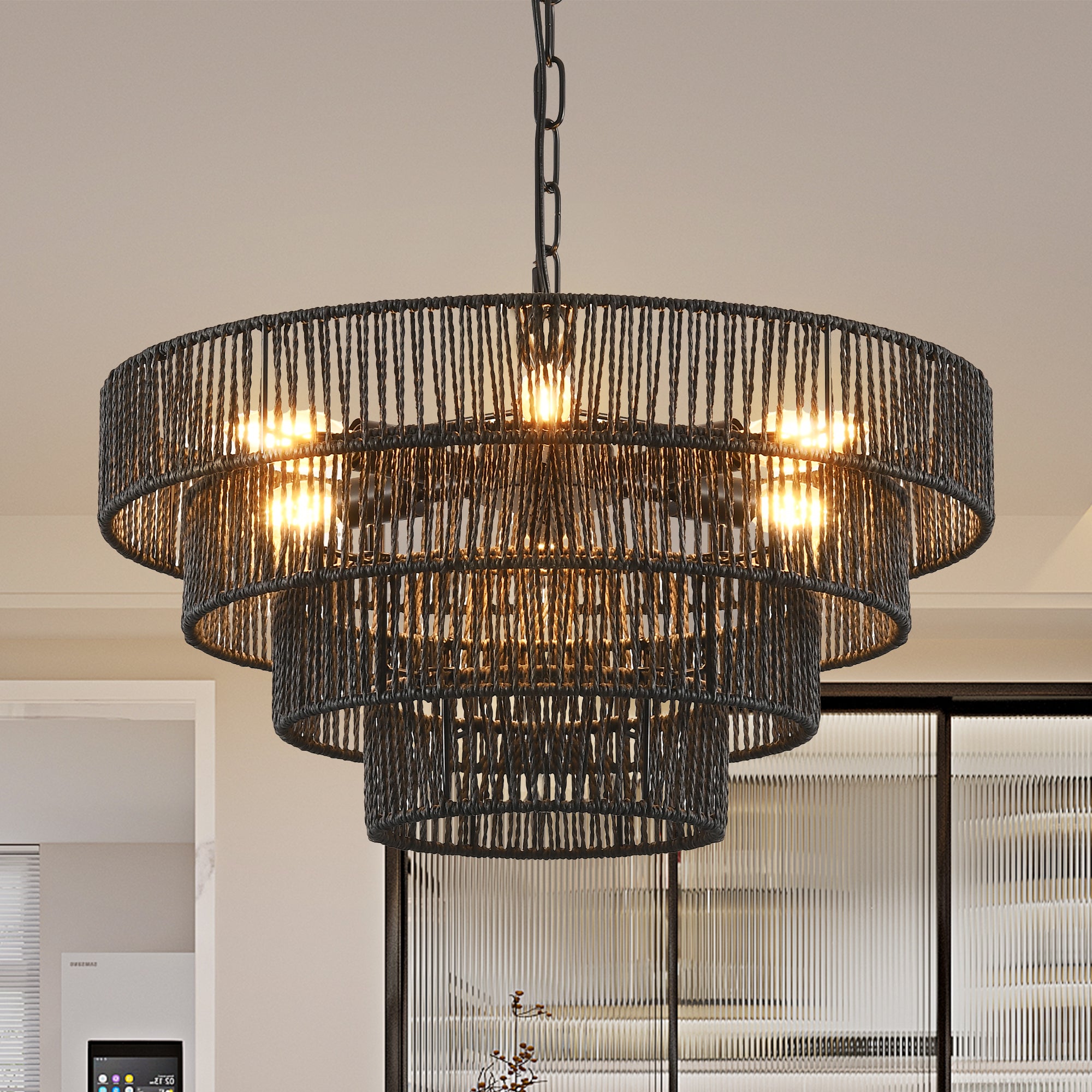 20" Rustic 4-Tier Black Hemp Rope Pendant Light Chandelier