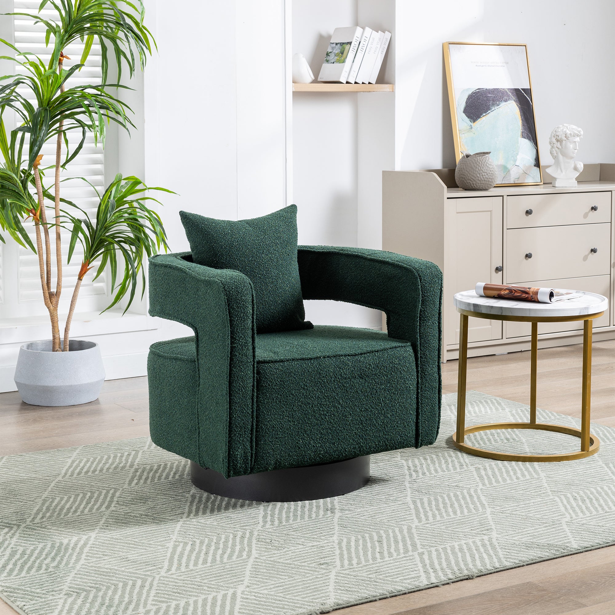 Swivel Accent Chair, Open-Back Barrel Chair, Green Boucle