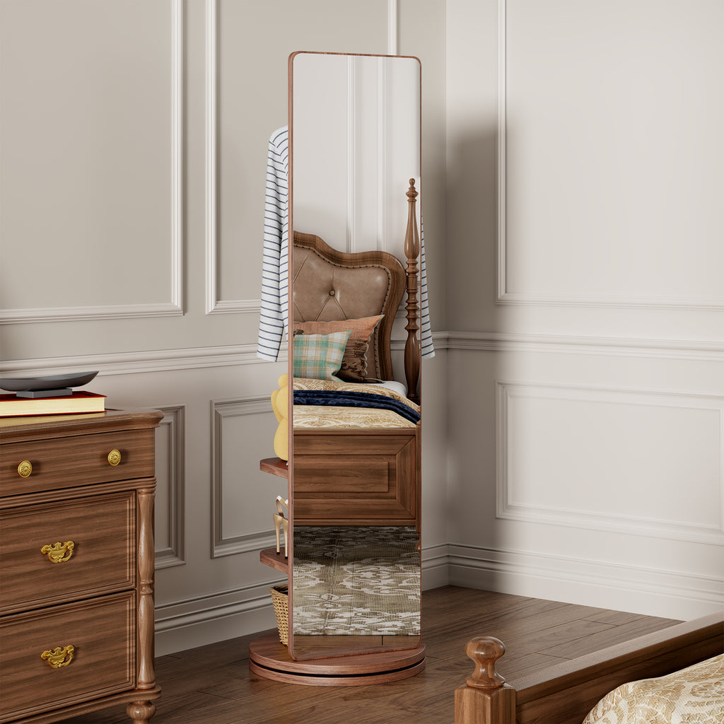360 Rotating Full-Length Mirror with Coat Rack, 66", Walnut