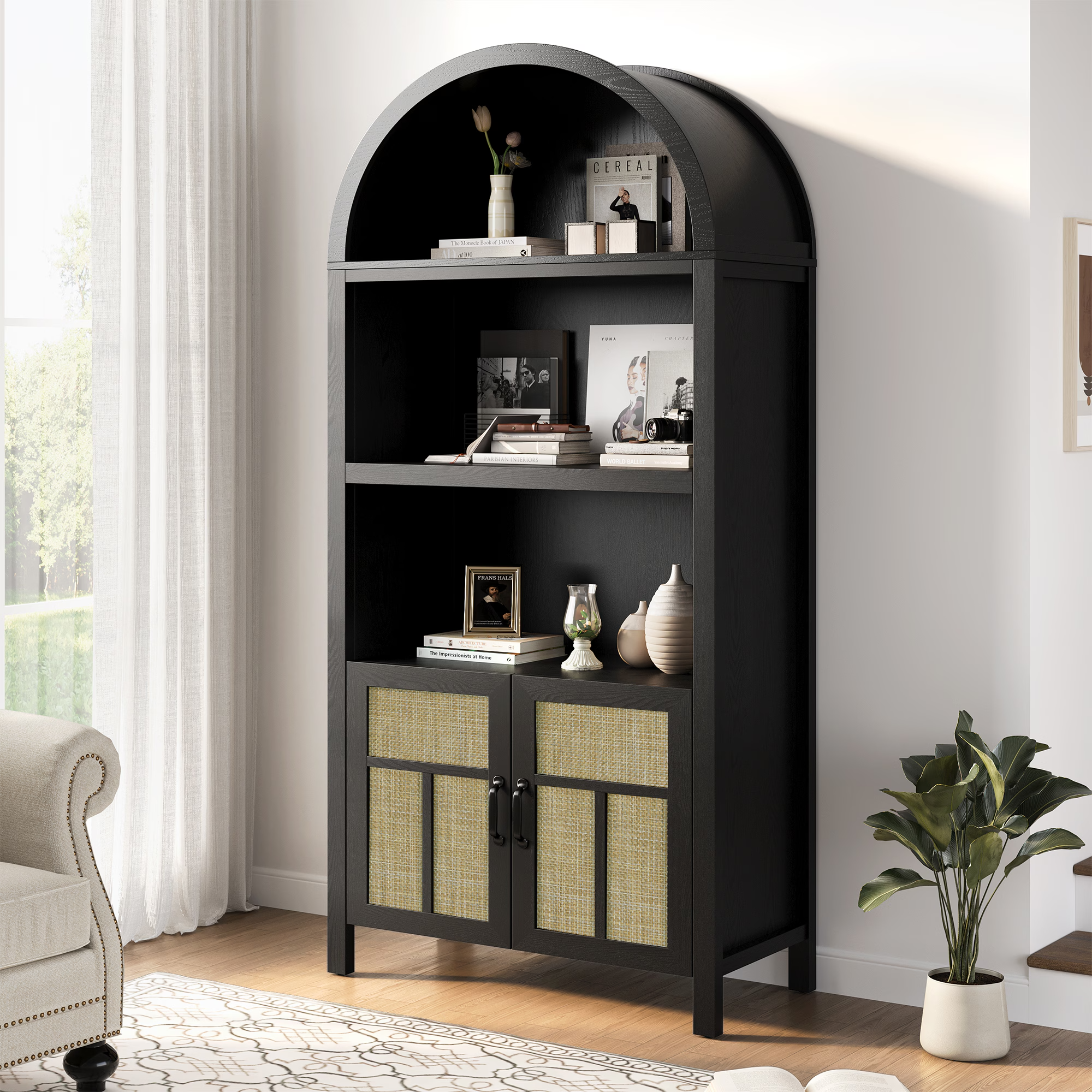 Arched Rattan Storage Cabinet with Adjustable Shelves, 70", Black