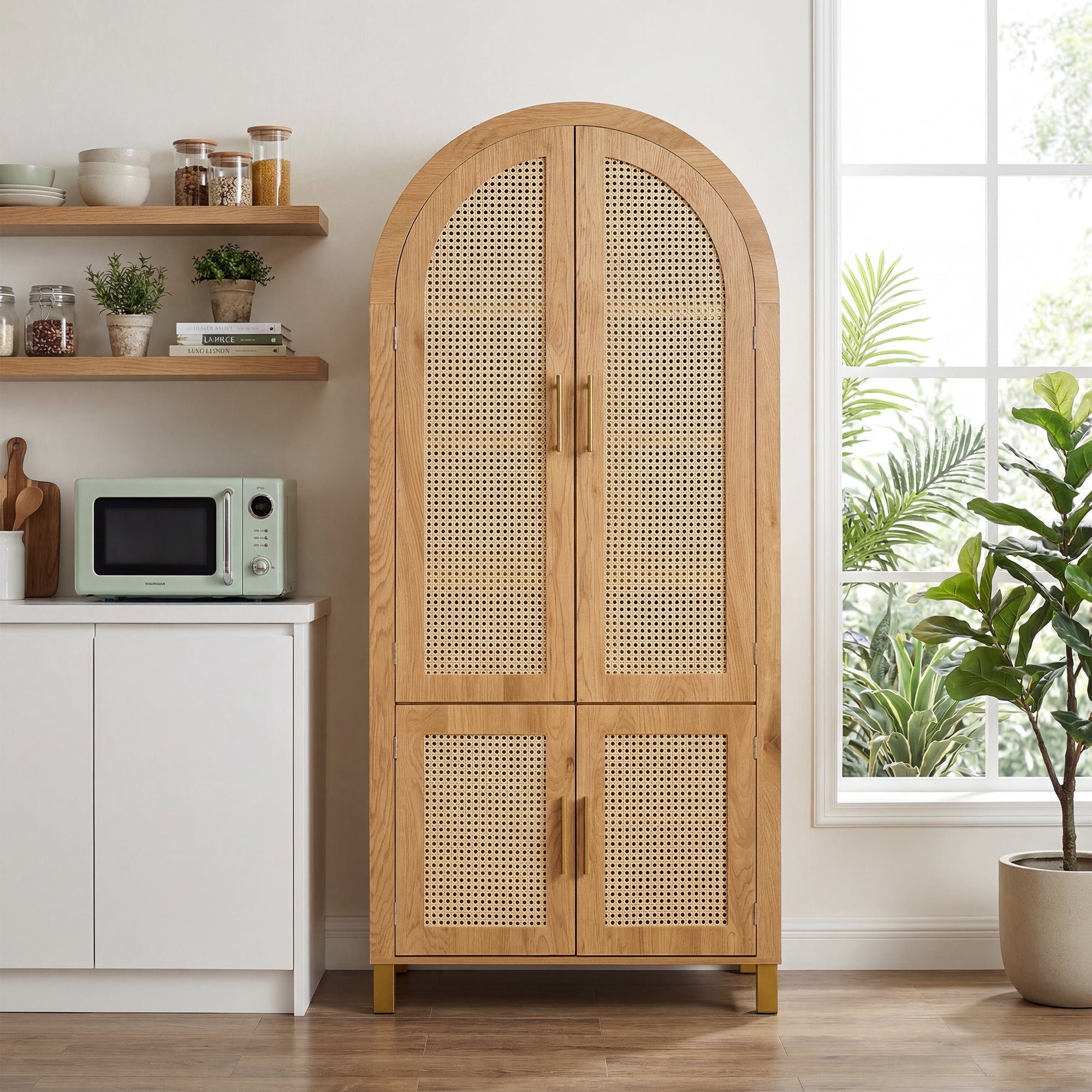 Tall Arched Rattan-Door Cabinet, Farmhouse Storage, 71", Oak