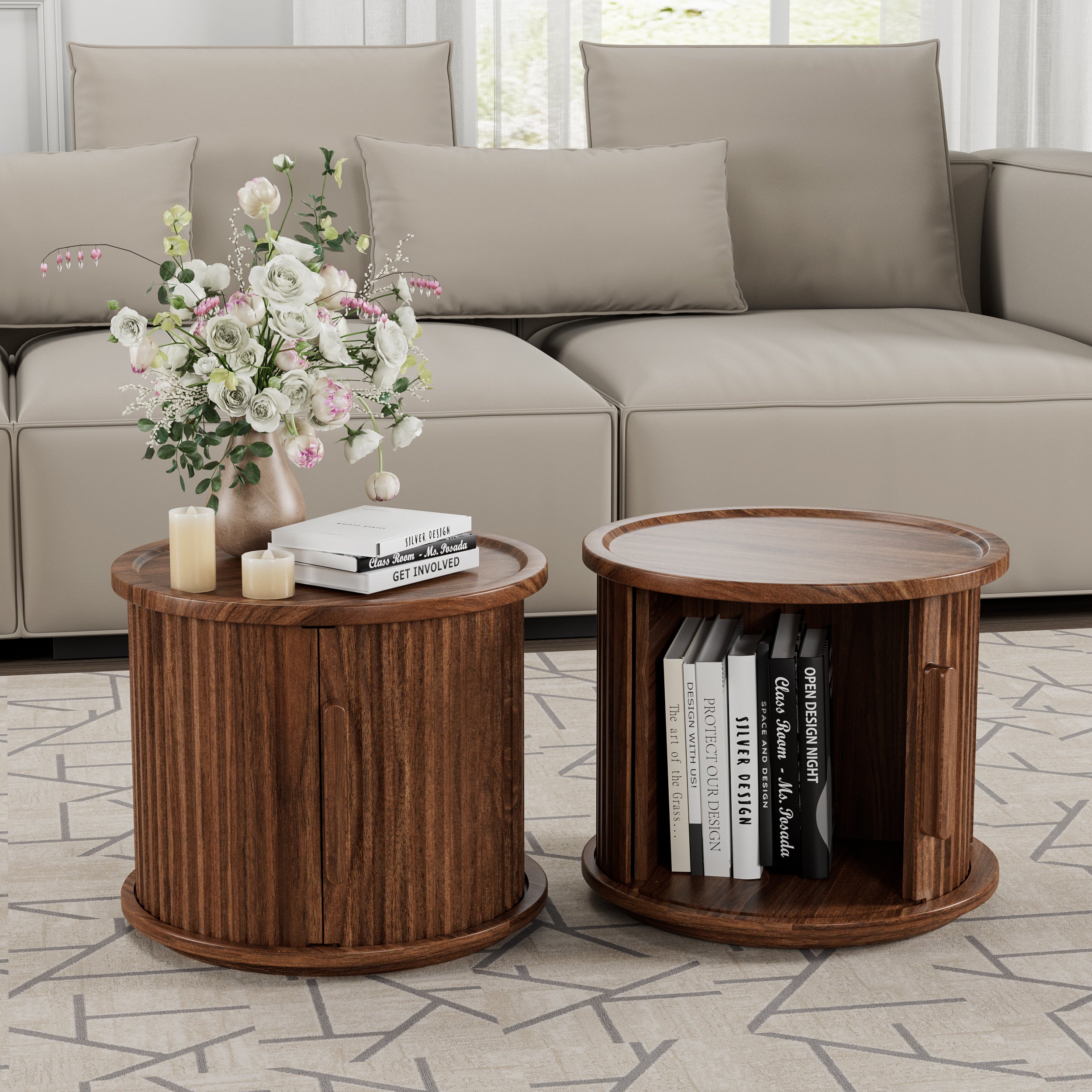 Round Nesting Coffee Table Set of 2, Sliding-Door Storage, Walnut