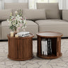 Round Nesting Coffee Table Set of 2, Sliding-Door Storage, Walnut