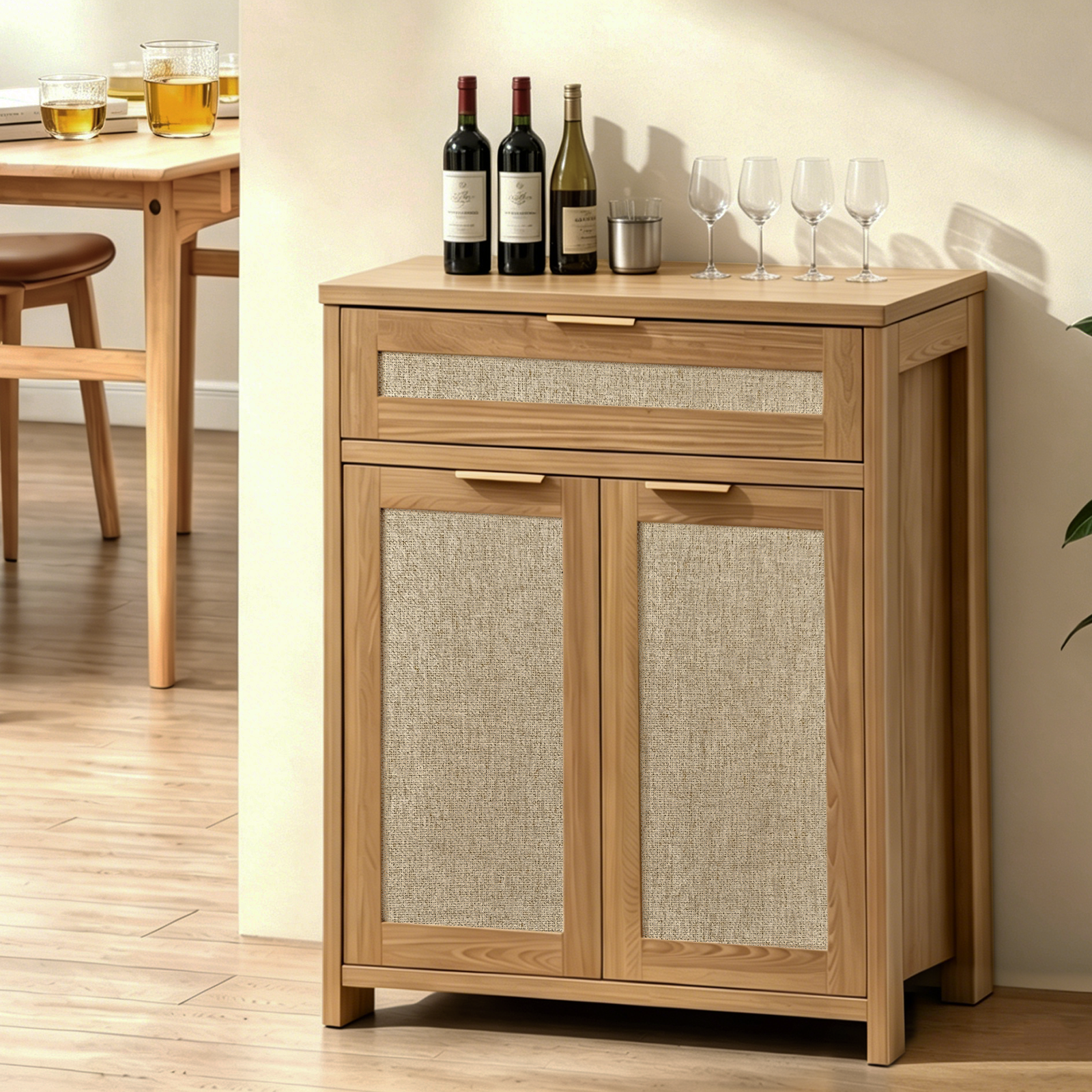 Boho Rattan Sideboard Cabinet, Drawer & Adjustable Shelf, Wood
