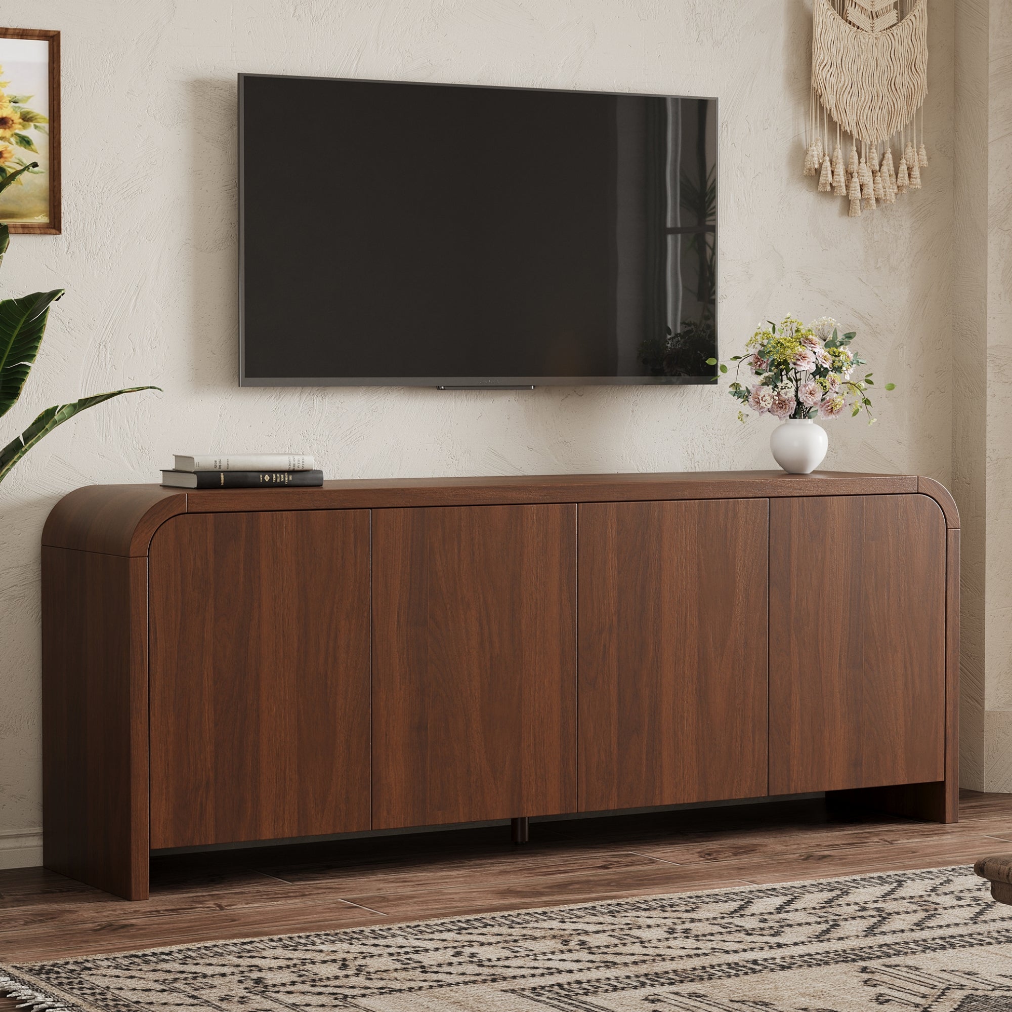 Curved TV Stand for TVs up to 70", Cable Management, Walnut