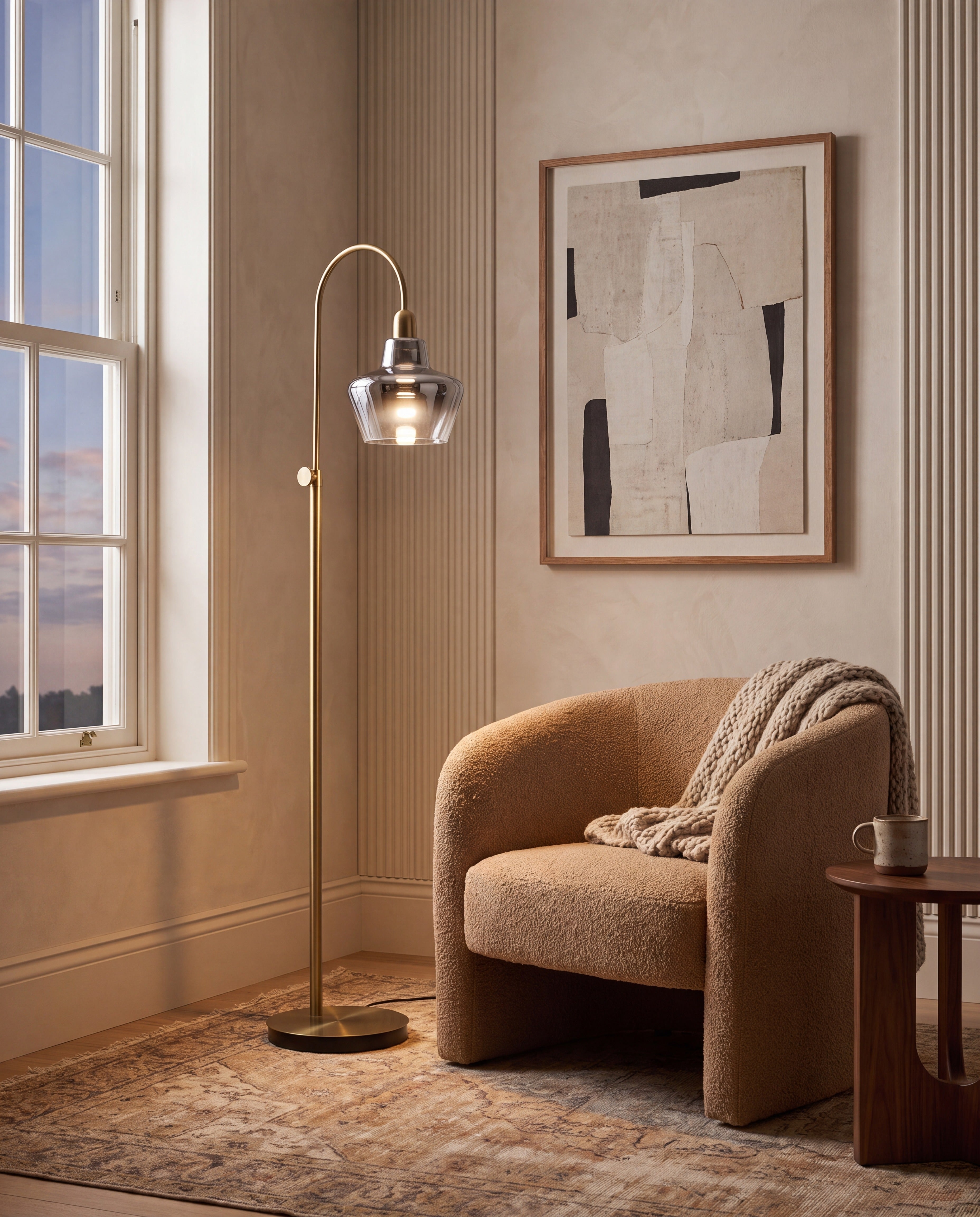 Adjustable Arc Floor Lamp — styled in a warm interior